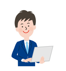 ノートパソコンを持つネクタイをした若い男性