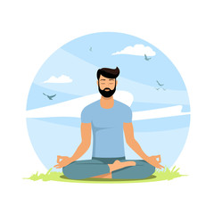 Happy healthy man practicing yoga in lotus position on the nature. Sport activity, workout, exercise, fitness, outdoor, meditation, lifestyle, harmony. Stock vector illustration in a flat style.