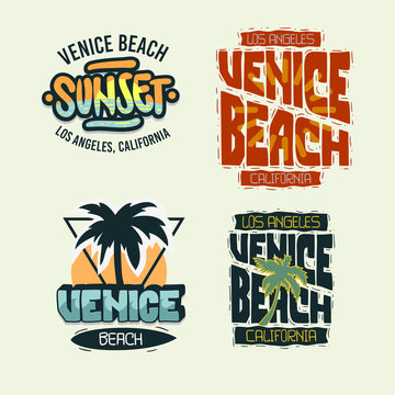 Venice Beach California Summer Time Beach Life Hand Lettering  Vector Illustrations Set Designs.