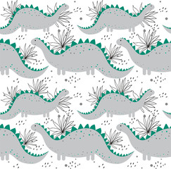 Seamless pattern with dinosaurs. Dinosaurs and palms. Background with cute animals.