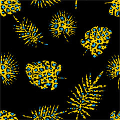 Seamless leopard and tropical leaves pattern. Blue and yellow pattern on black background
