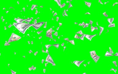 Flying dollars banknotes isolated on chromakey. Money is flying in the air. 100 US banknotes new sample. 3D illustration