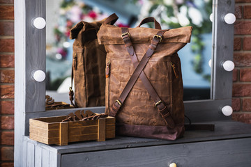 Old vintage canvas bag, accessories hipster style, Travel concept.