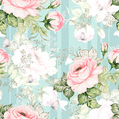 Seamless pattern beautiful roses, herbs and butterflies painted on paper with paints