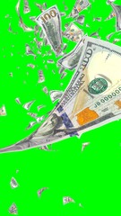 Flying dollars banknotes isolated on chromakey. Money is flying in the air. 100 US banknotes new sample. Vertical orientation. 3D illustration