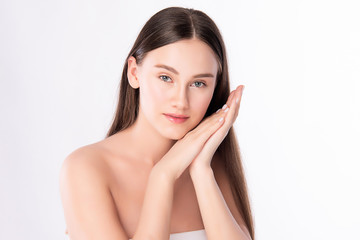 Beautiful Young Woman touching her clean face with fresh Healthy Skin, isolated on white background, Beauty Cosmetics and Facial treatment Concept.