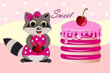 Vector  illustration of a cute baby raccoon with cherry and cake.