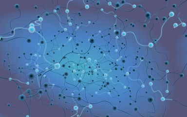 Neural network. Social network. Futuristic blue background. Abstract molecule, cell illustration, mycelium. Hi tech purple background. 3D illustration