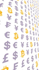 Bitcoin and currency on a white background. Digital crypto currency symbol. Wave effect, currency market fluctuations. Business concept. 3D illustration