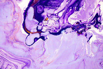 Fluid art texture. Abstract background with swirling paint effect. Liquid acrylic picture with beautiful mixed paints. Can be used for interior poster. Purple, lavender and golden overflowing colors