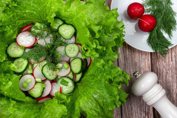 Traditional spring salad made from green leaves mix,