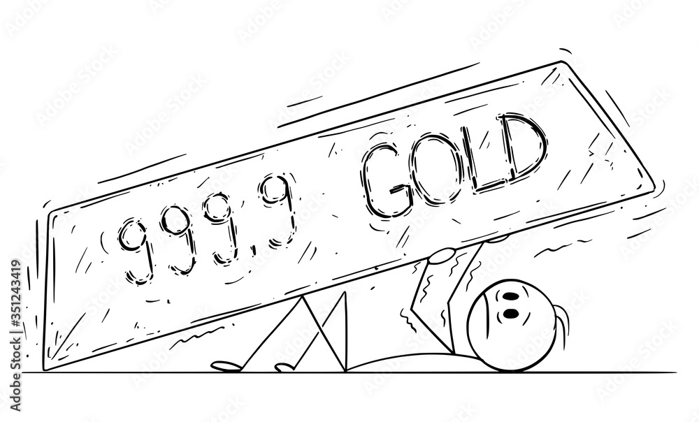 Sticker Vector cartoon stick figure drawing conceptual illustration of man, stock market investor or businessman crushed under gold bar or ingot.