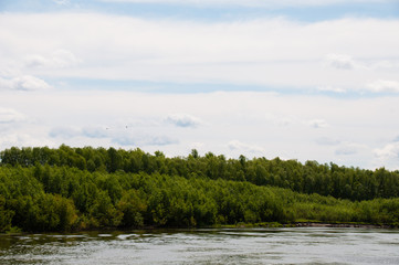 Obraz premium Very beautiful natural landscape in Ukraine. Sky, water and forest in summer or spring. Desna river in the city of Chernihiv.