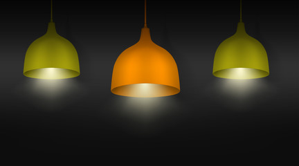 Hanging pendant lamps with the light on. Chandeliers with color lampshades. Realistic vector illustration