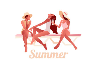 Three sexy young girls in summer hats chatting on beach and drinking cocktails. Female characters near the sea. Summer type. Vector flat style illustration.