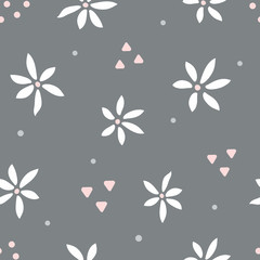 Obraz na płótnie Canvas Seamless pattern with flowers and geometric shapes. Simple floral print. Modern vector illustration.