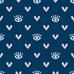 Seamless pattern with eyes and hearts. Cute girly endless print. Simple vector illustration.