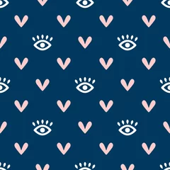 Wall murals Eyes Seamless pattern with eyes and hearts. Cute girly endless print. Simple vector illustration.