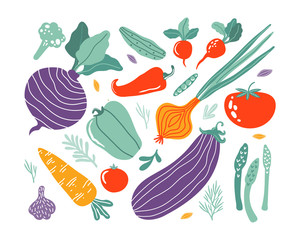 Set with hand drawn colorful doodle vegetables in trendy organic style. Vegetables flat icons cucumber, carrot, onion, tomato, beetroot, broccoli, pepper. Vegetarian healthy food. Farm products.