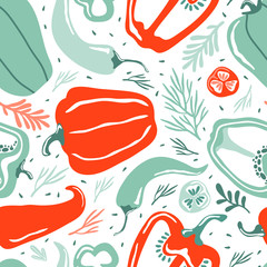 Hand drawn colorful doodle vegetables in organic style seamless pattern. Red and green pepper on a white background. Hot chili pepper. Natural ingredients for cooking salads and vegan healthy food.