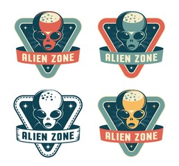 Alien head - retro badge. Extraterrestrial astronaut - vintage logo. Vector illustration.