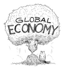 Vector cartoon drawing conceptual illustration of tree representing Global economy weakened by crisis as beaver. Concept of financial crisis, debt or coronavirus in world.