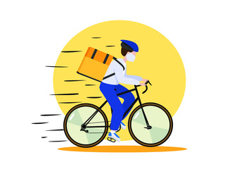 Kovid-19. Quarantine in the city. The concept of online delivery, tracking online orders, home and office delivery. Warehouse, bicycle courier, courier for delivery in a respiratory mask. vector illus