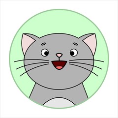 Cute Surprised Cat, Round Icon, Emoji. Gray Cat With A Whiskers, Smiles. Vector Image Isolated On A White Background.