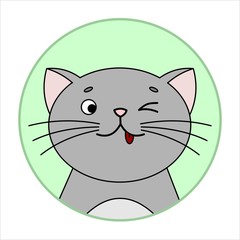 Cute Surprised Cat, Round Icon, Emoji. Gray Cat With A Whiskers, Smiles, shows tongue, teases. Vector Image Isolated On A White Background.