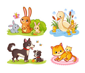 Vector set with pets cartoon style. Collection of cute forest mammals