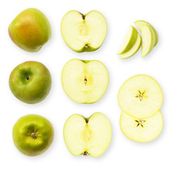 Set of fresh whole and sliced green apples on a white background