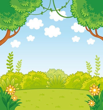 Vector illustration with green lines and trees in cartoon style. Background picture