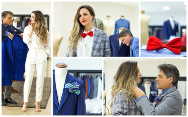 Collage with woman and man in tailor shop and custom-made clothes looks for a dress, measures a shirt and a bow tie. Concept of: tailoring, businessman, elegance