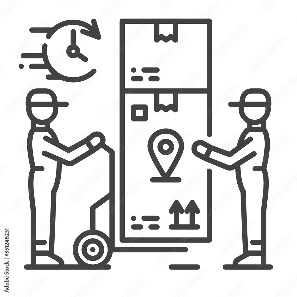 Poster Oversized goods delivery black line icon. Services loaders sign. Loading and unloading operations. Sign for web page, app. UI UX GUI design element. Editable stroke