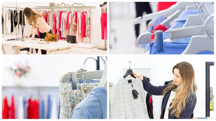Collage with beautiful young stylist shoosing clothes at the showroom