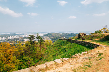Fototapeta na wymiar Top of Doksanseong Fortress with city view in Osan, Korea