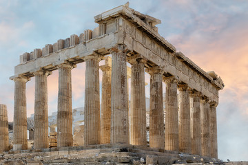 View of Parthenon - a former temple on the Athenian Acropolis, Greece, dedicated to Athena. It is the most important surviving building of Classical Greece and an enduring symbol of Ancient Greece