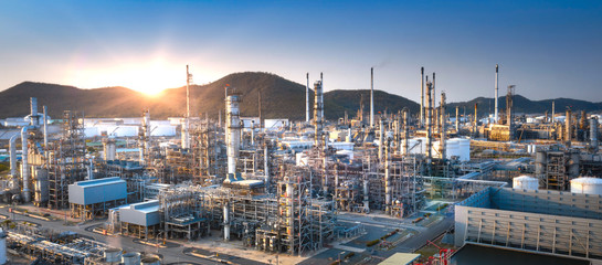 Close up Industrial view at oil refinery plant form industry zone with cloudy sky. for banner space image.