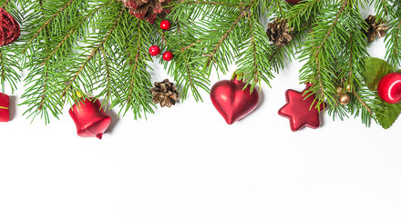 Merry Christmas Greeting Card. Christmas tree decorated by red decorations on white background. Space for text