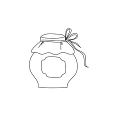 Cute clay pot. A pot of honey or jam. Kitchenware. Environmentally friendly material for honey. Black and white vector doodle illustration isolated on white background.
