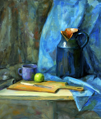 Image of Blue still life with a knife and an apple, oil painting printed on Printed Glass Splashbacks