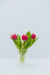 Bouquet of pink tulips in a transparent, glass vase on a white background.