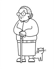 Vector contour Image Of An Old Woman With Glasses And With A Cane. Good Old Grandmother With A Red Cute Cat. Elderly Woman, Senile People Concept. Isolated On A White Background.