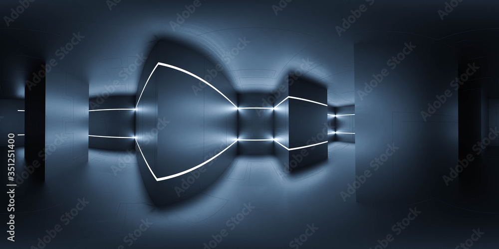 Poster full 360 equirectangular spherical panorama view of dark modern futuristic technology building archi