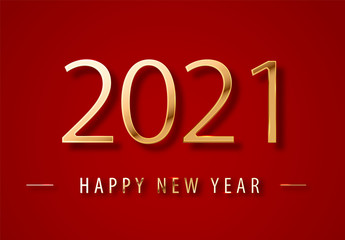 2021 Happy new year. Gold Numbers Design of greeting card on a red background. Happy New Year Banner with 2021 Numbers on Luxury red Background. Vector illustration.