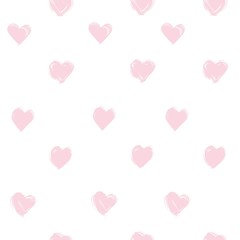 Seamless pattern from abstract pink heart shapes brushstrokes on white background