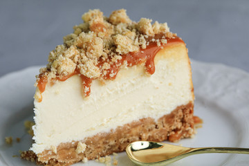delicate cheesecake cake covered with caramel. Several slices of delicious desserts, restaurant menu concept