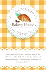 Bakery, pastry shop label, logo, flyer template with croissant illustration and lettering. bakeshop background in retro vintage style. banner for bakehouse, bread packaging design. watercolor sketch