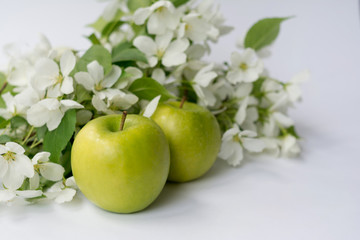 fresh ripe green apple with flowers on the white