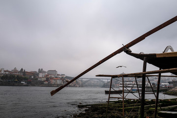 Seagulls perched on a boat mast above the Douro with the Dom-Luis bridge in the background in Porto.